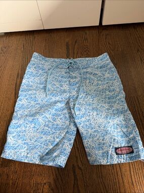 Vineyard Vines Light Blue & White Wave Print Kids Swim Trunks